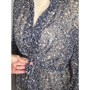 Chin Studio Sheer tunic Dress Blue and Cream with Drawstring Cinch Waist Size Sm